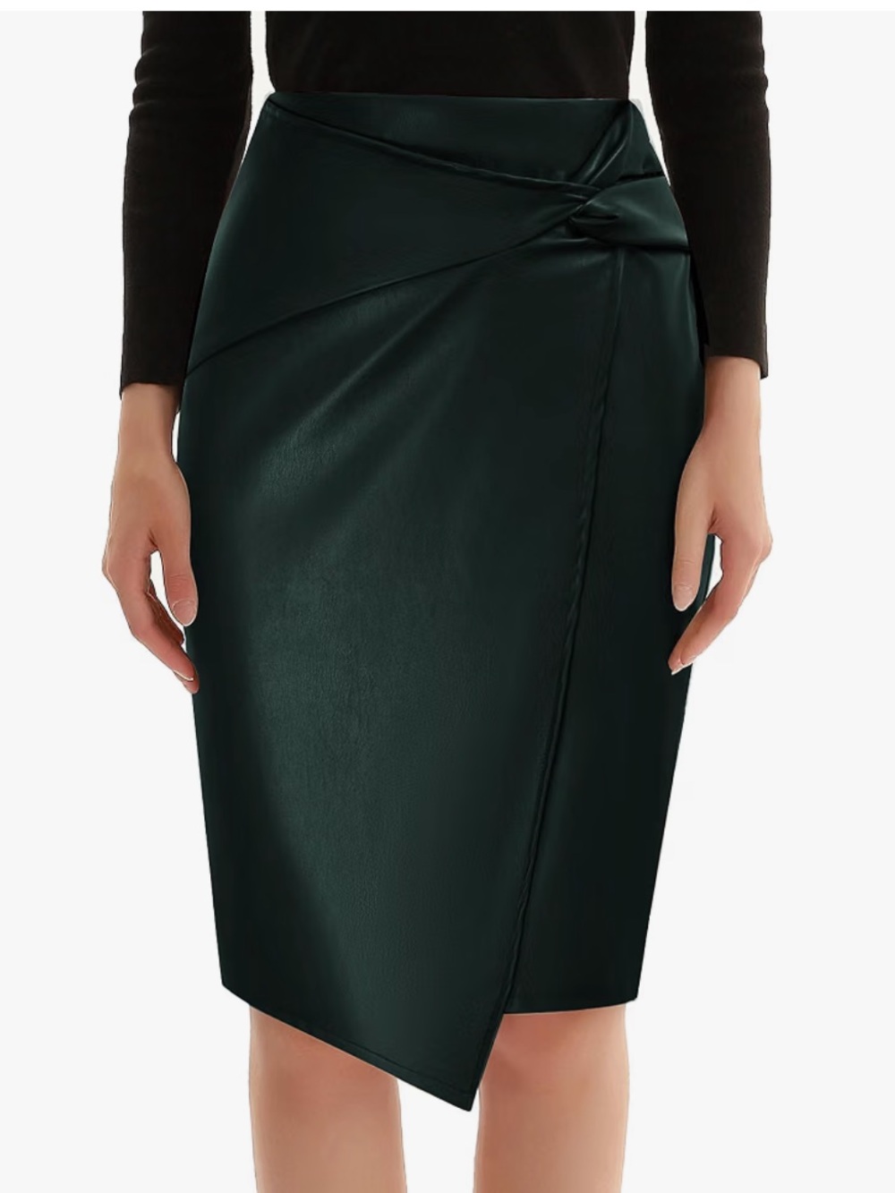 Faux-Leather Dark Green Twist Pencil Skirt
